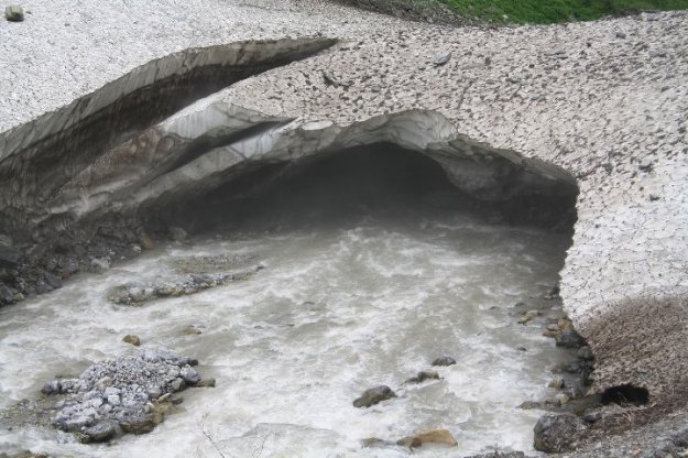 Water flowing below the glacier en route Valley of Flowers